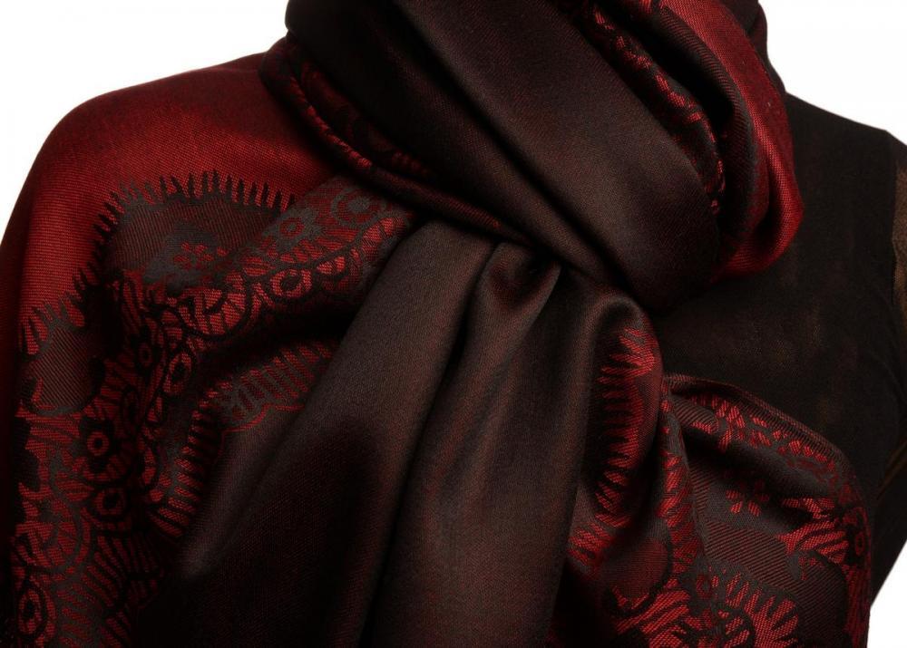 Liss Kiss Dark Red Woven Lace On Black Pashmina Feel - Scarf