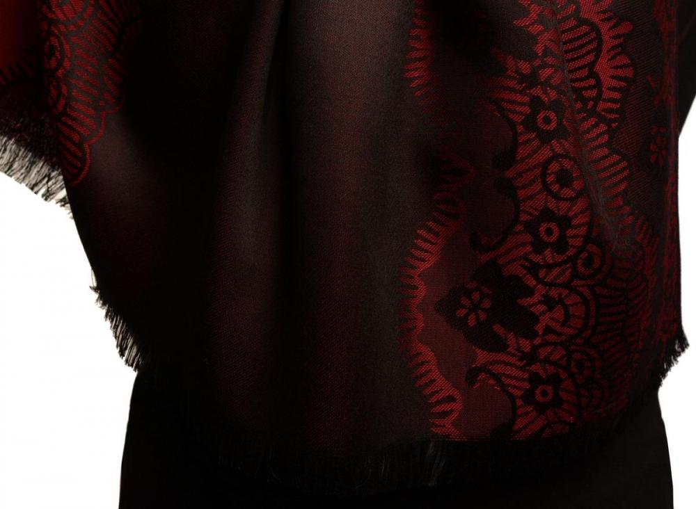 Liss Kiss Dark Red Woven Lace On Black Pashmina Feel - Scarf