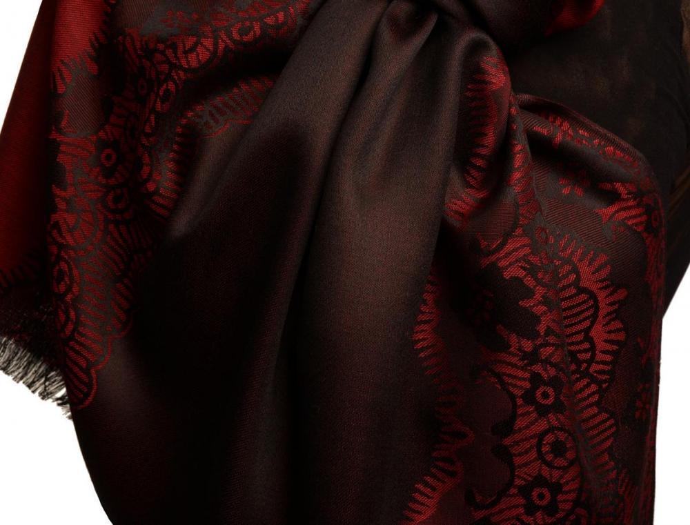 Liss Kiss Dark Red Woven Lace On Black Pashmina Feel - Scarf