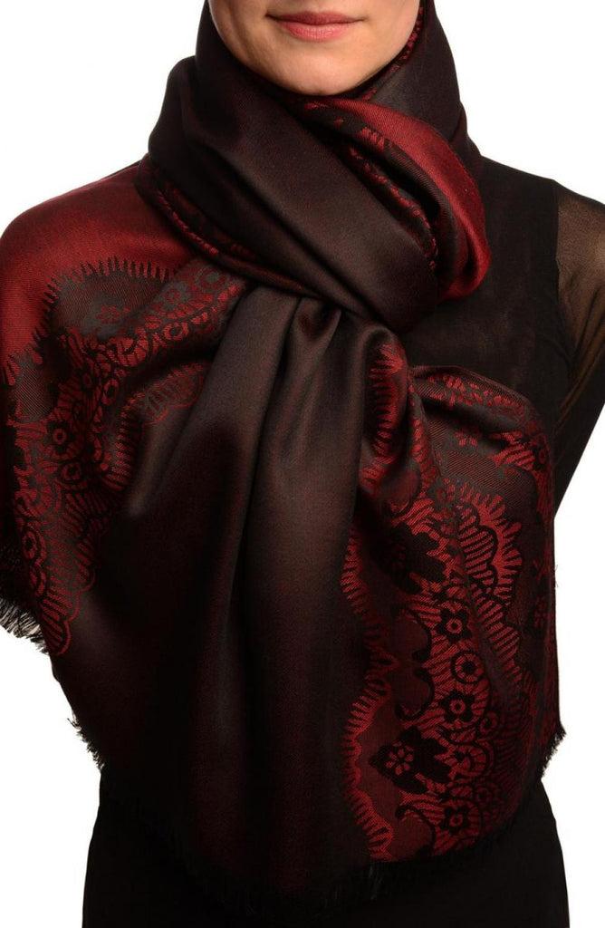 Liss Kiss Dark Red Woven Lace On Black Pashmina Feel - Scarf