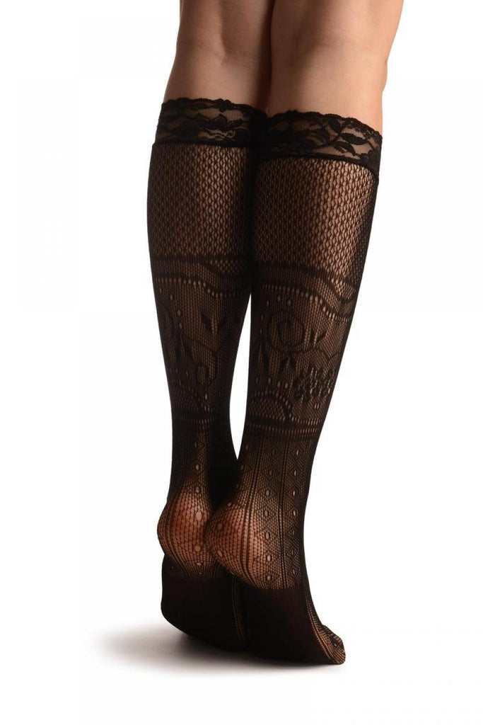 Liss Kiss Diamonds Flowers & Mesh Panels Lace Knee High Socks - Socks