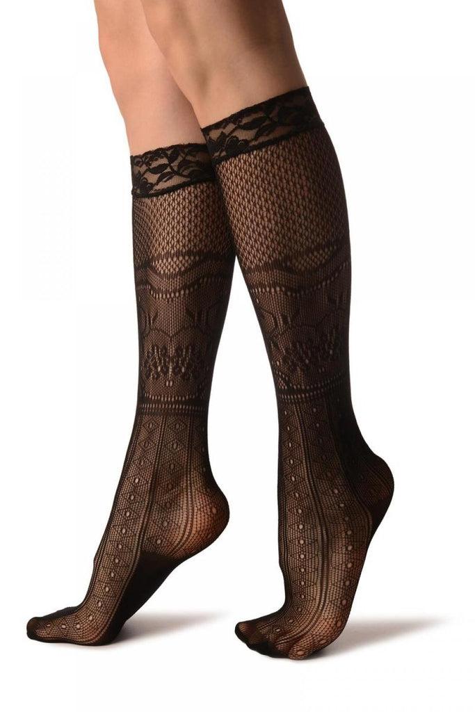 Liss Kiss Diamonds Flowers & Mesh Panels Lace Knee High Socks - Socks