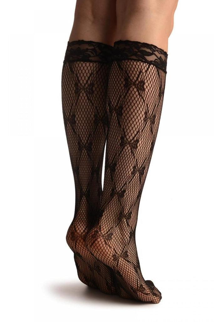 Liss Kiss Diamonds With Bows Black Lace Knee High Socks - Socks