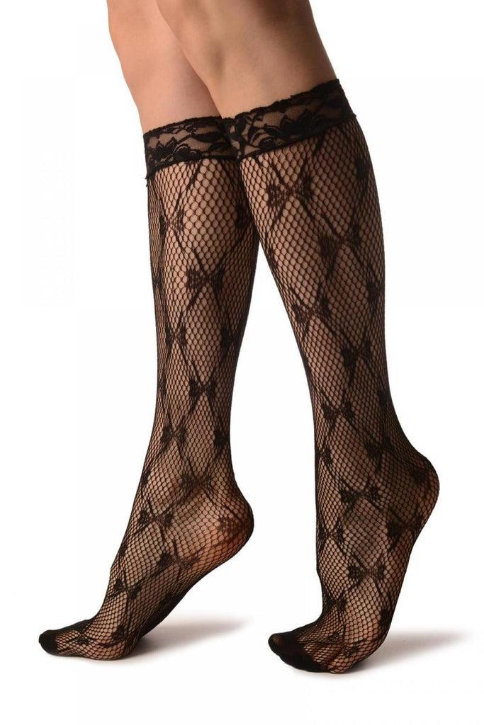Liss Kiss Diamonds With Bows Black Lace Knee High Socks - Socks