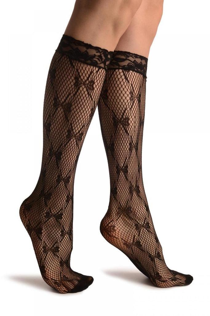 liss kiss Diamonds With Bows Black Lace Knee High Socks - Socks