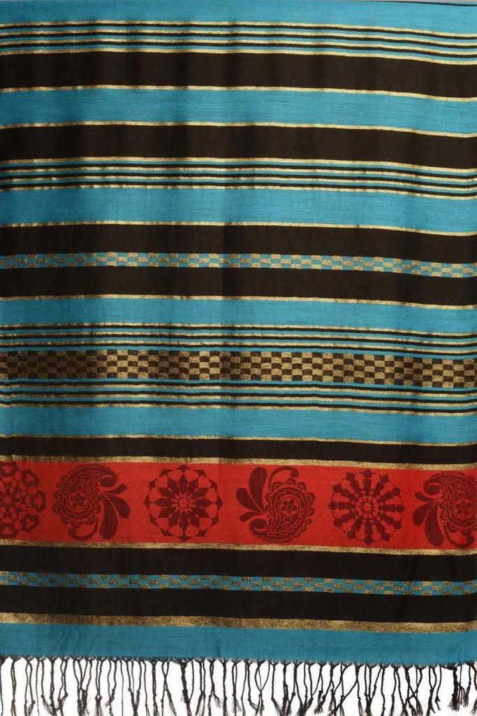 Liss Kiss Dodger Blue Stripes & Gold Lurex Pashmina With Tassels - Scarf