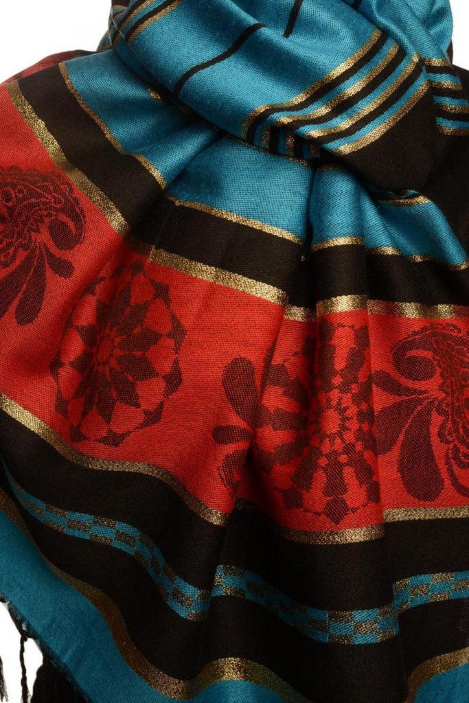 Liss Kiss Dodger Blue Stripes & Gold Lurex Pashmina With Tassels - Scarf