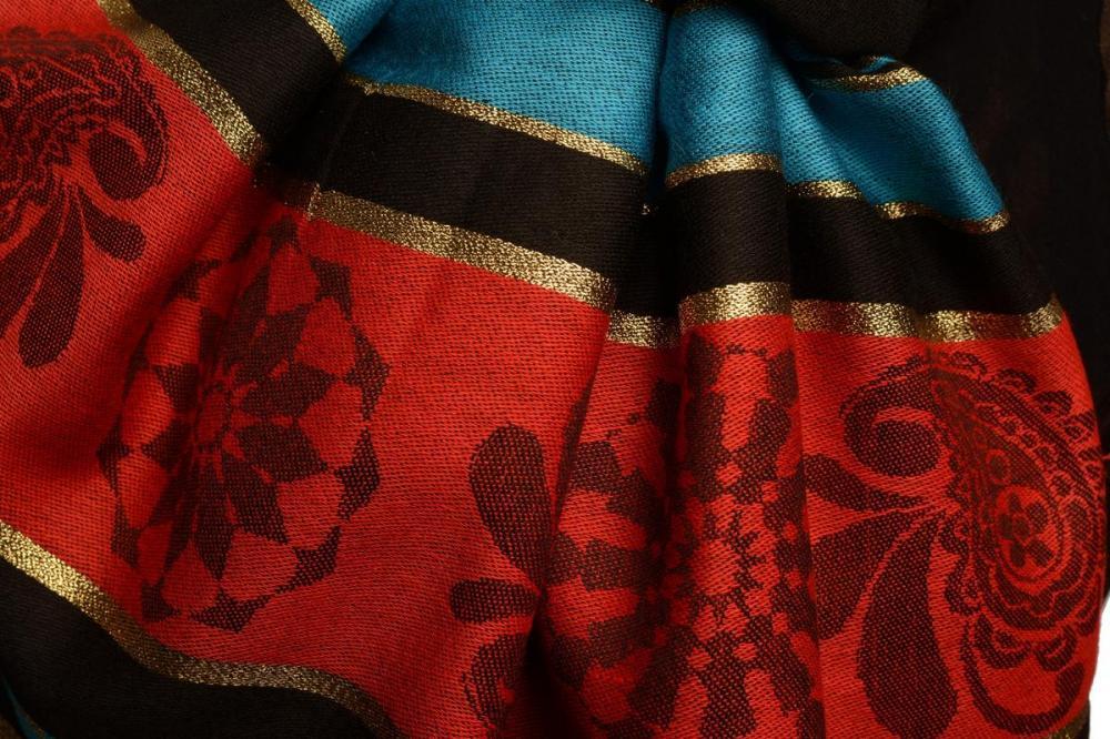 Liss Kiss Dodger Blue Stripes & Gold Lurex Pashmina With Tassels - Scarf