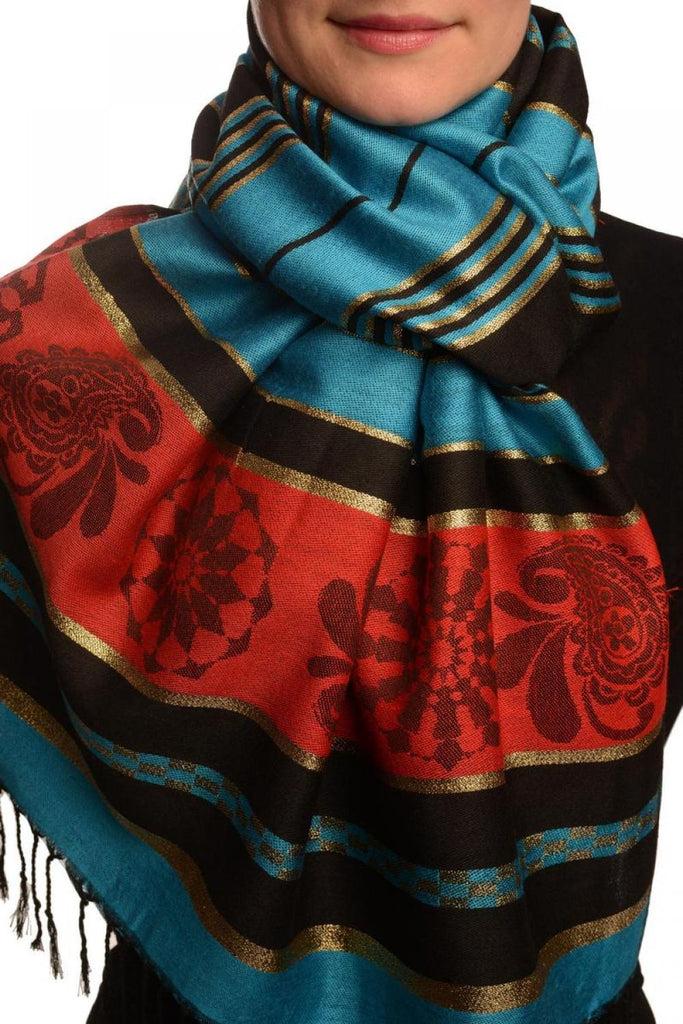 Liss Kiss Dodger Blue Stripes & Gold Lurex Pashmina With Tassels - Scarf