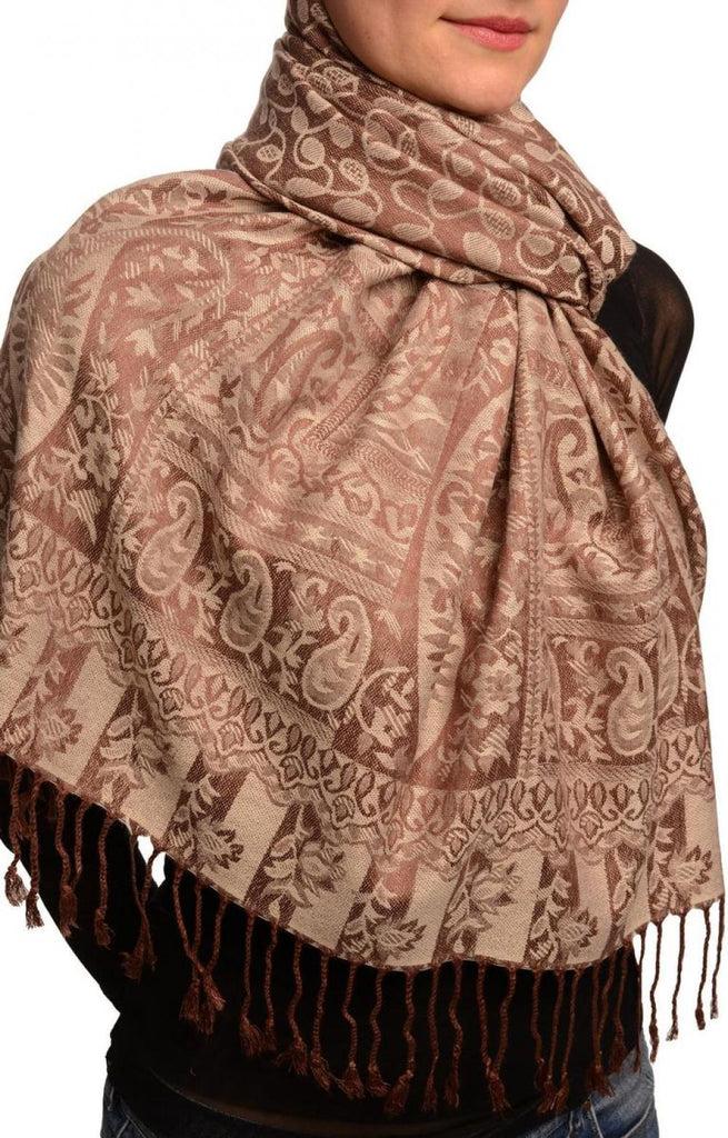 Liss Kiss Dots On Beige & Brown Pashmina Feel With Tassels - Scarf