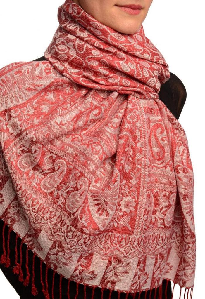 Liss Kiss Dots On Beige & Red Pashmina Feel With Tassels - Scarf