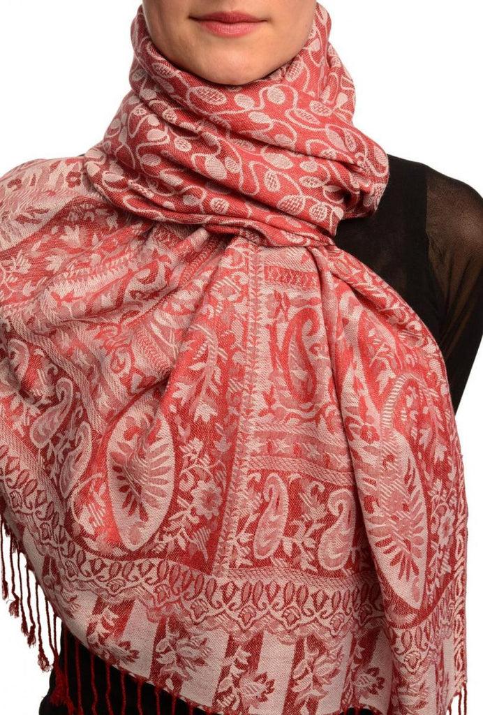 liss kiss Dots On Beige & Red Pashmina Feel With Tassels - Scarf