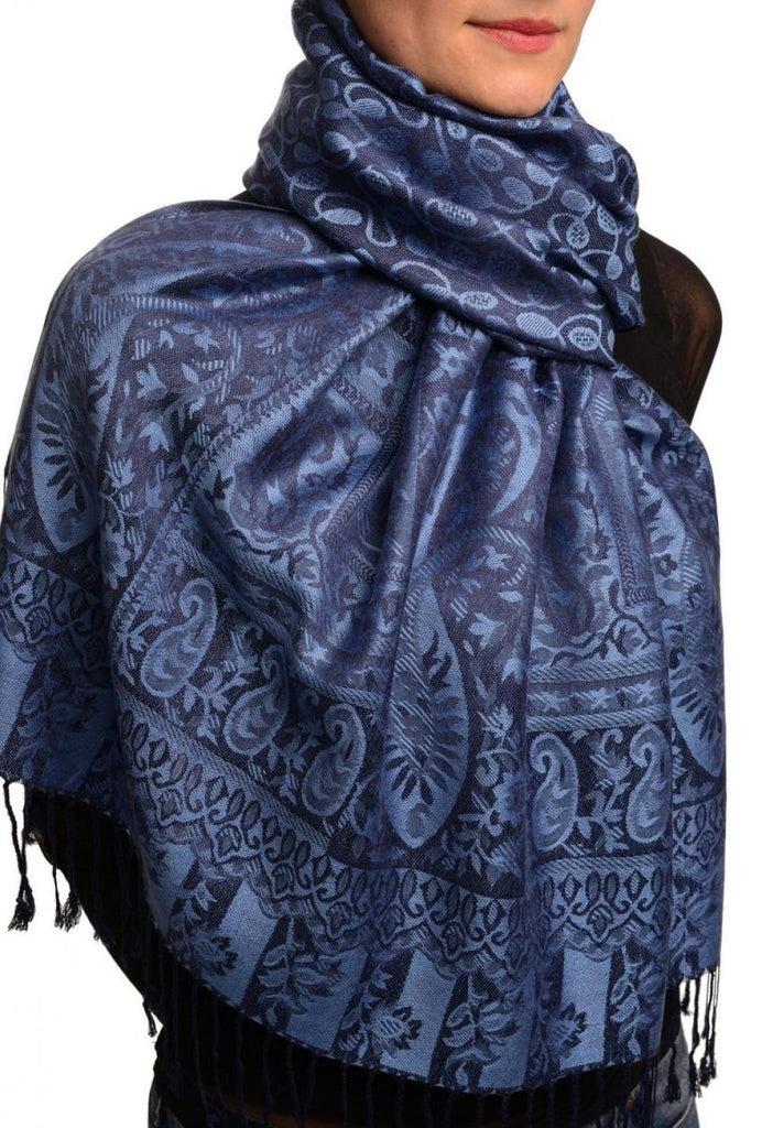 Liss Kiss Dots On Blue & Dark Blue Pashmina Feel With Tassels - Scarf