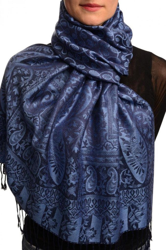 Liss Kiss Dots On Blue & Dark Blue Pashmina Feel With Tassels - Scarf