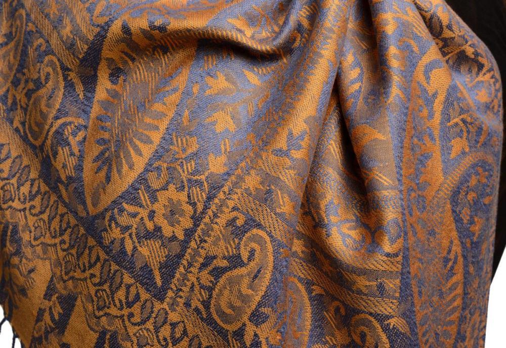 Liss Kiss Dots On Blue & Orange Pashmina Feel With Tassels - Scarf