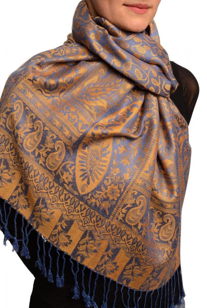 Liss Kiss Dots On Blue & Orange Pashmina Feel With Tassels - Scarf