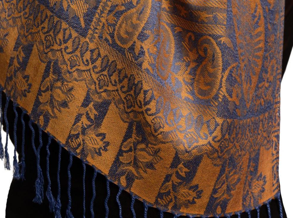 Liss Kiss Dots On Blue & Orange Pashmina Feel With Tassels - Scarf