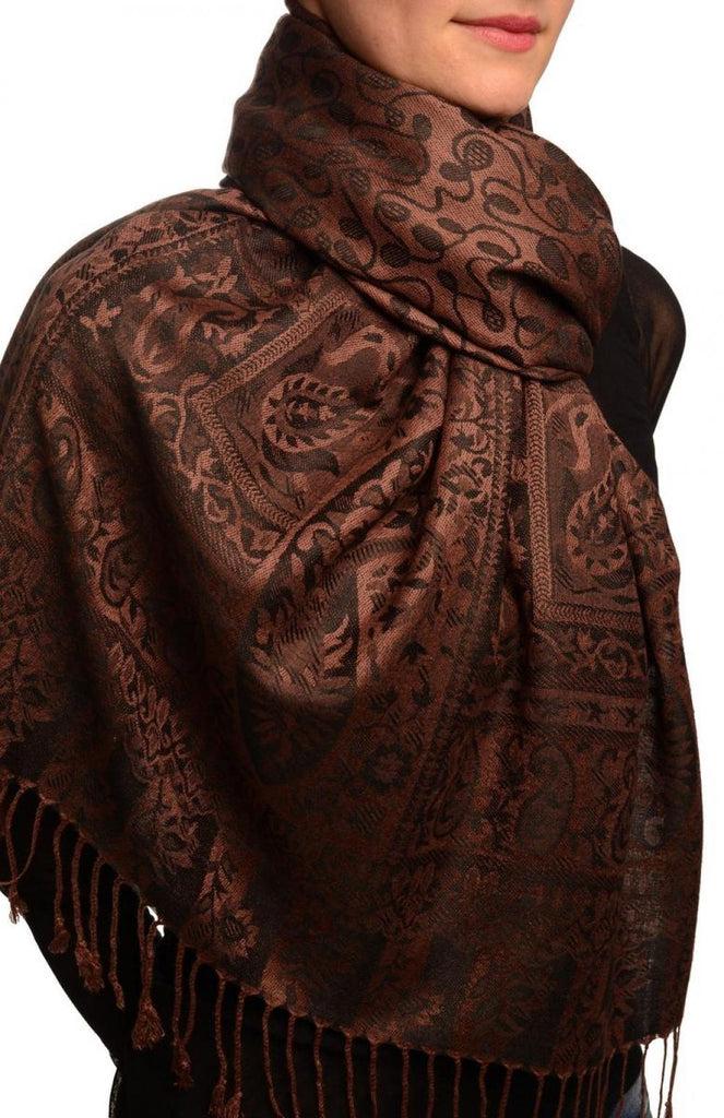Liss Kiss Dots On Chocolate Brown Pashmina Feel With Tassels - Scarf