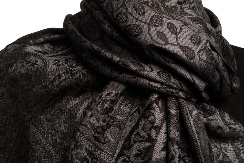 Liss Kiss Dots On Dark Grey & Black Pashmina Feel With Tassels - Scarf