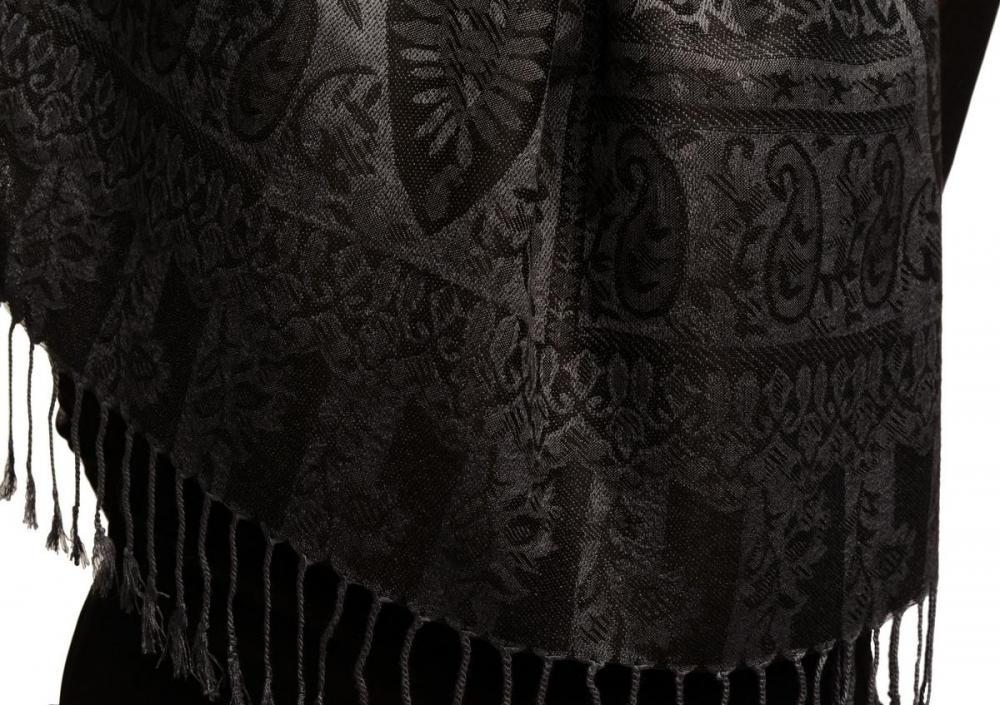 Liss Kiss Dots On Dark Grey & Black Pashmina Feel With Tassels - Scarf