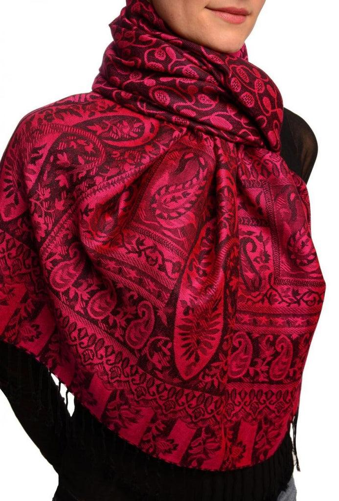 Liss Kiss Dots On Fuchsia & Black Pashmina Feel With Tassels - Scarf