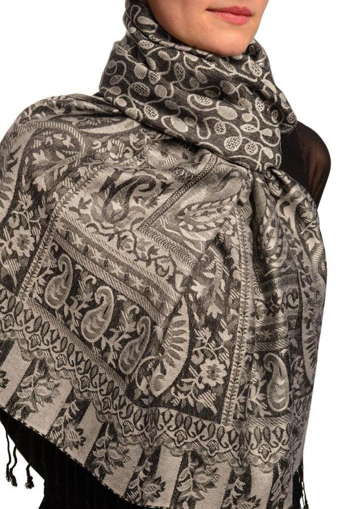 Liss Kiss Dots On Grey & Black Pashmina Feel With Tassels - Scarf