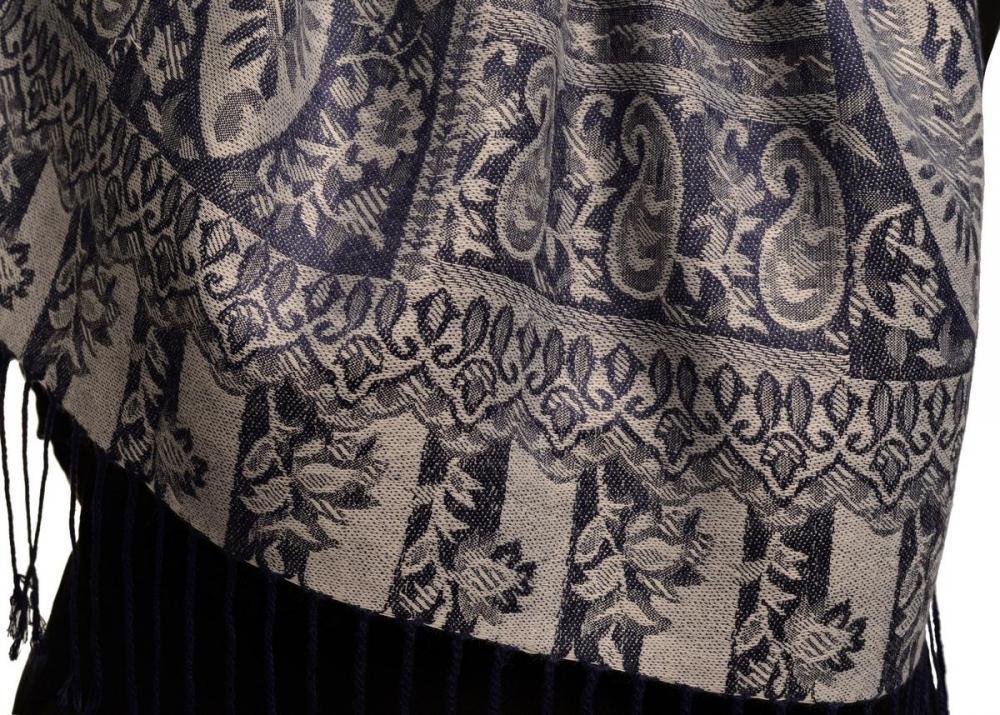 Liss Kiss Dots On Grey & Dark Blue Pashmina Feel With Tassels - Scarf