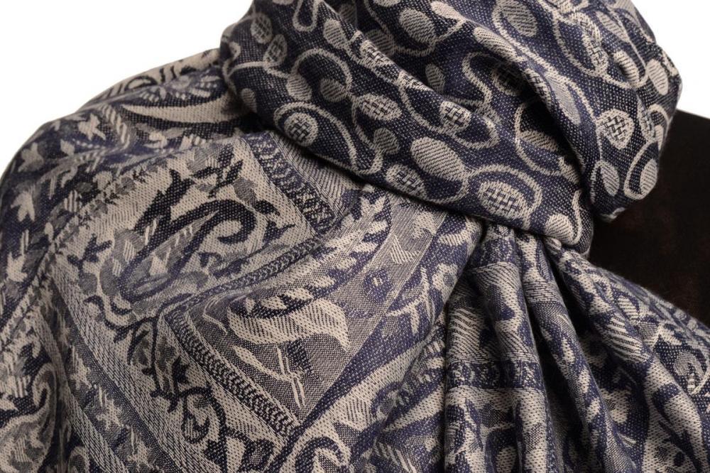 Liss Kiss Dots On Grey & Dark Blue Pashmina Feel With Tassels - Scarf