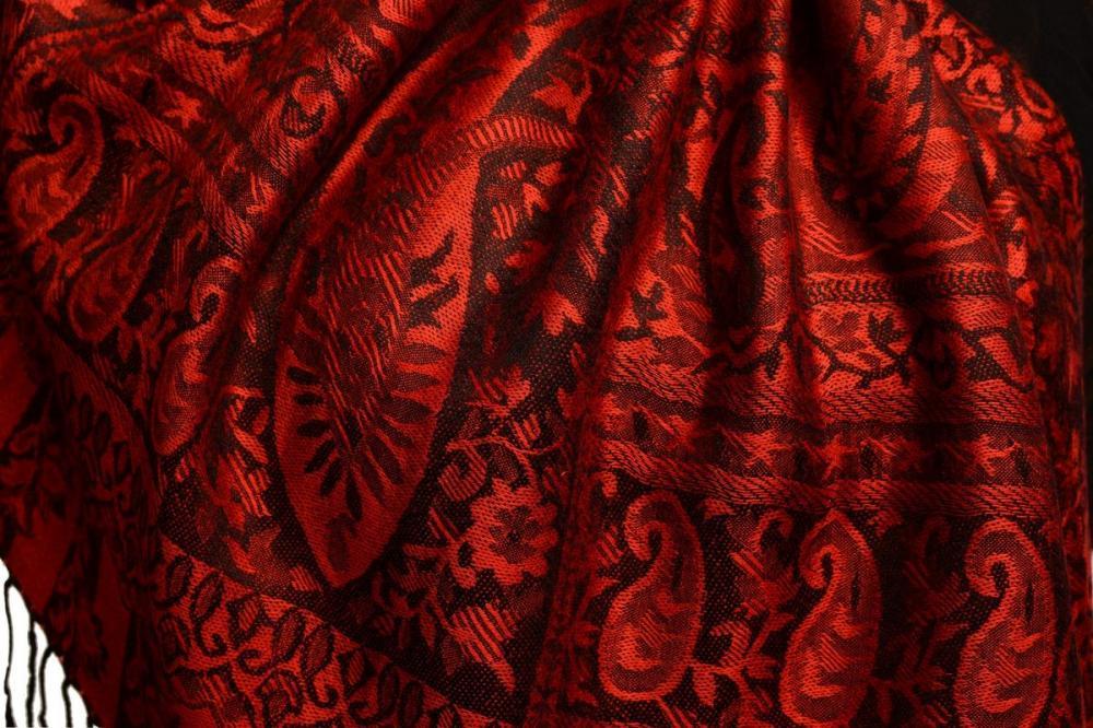 Liss Kiss Dots On Red & Black Pashmina Feel With Tassels - Scarf