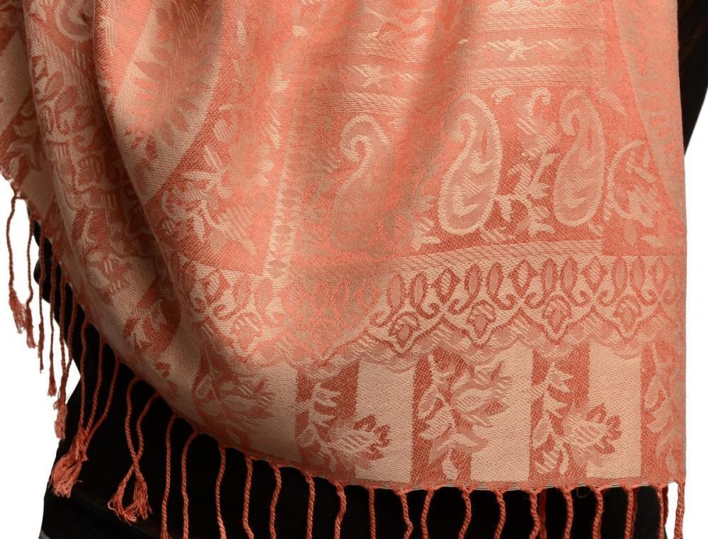 Liss Kiss Dots On Salmon Pink Pashmina Feel With Tassels - Scarf