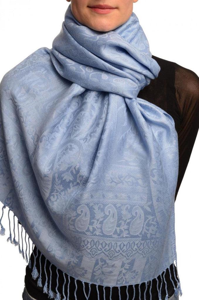 liss kiss Dots On Sky Blue Pashmina Feel With Tassels - Scarf