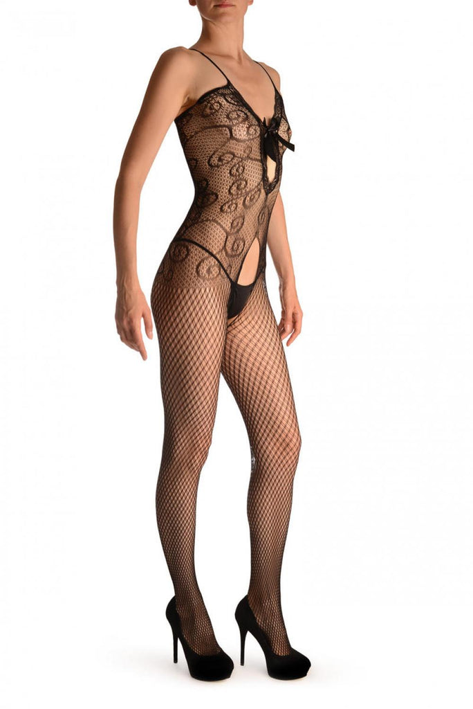 Liss Kiss Double Net Bodystoking With Lace Trim Cut Out Front Panel & Bow - Bodystocking