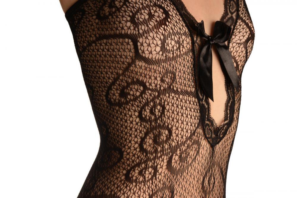 Liss Kiss Double Net Bodystoking With Lace Trim Cut Out Front Panel & Bow - Bodystocking