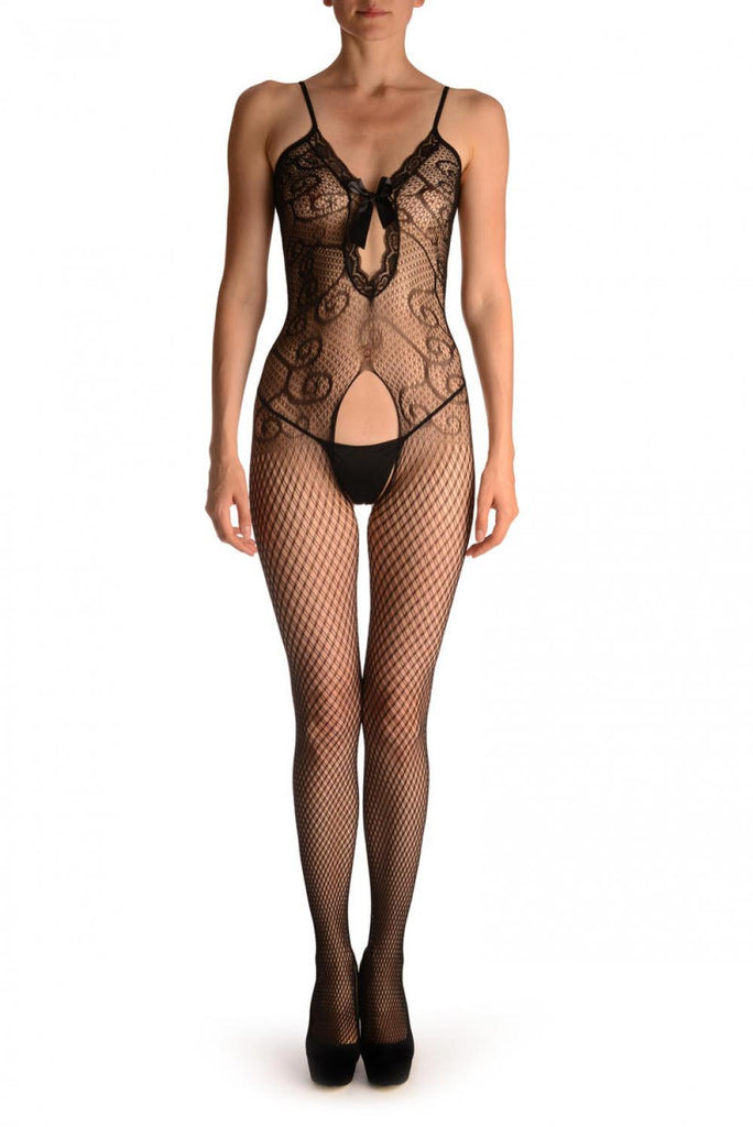 liss kiss Double Net Bodystoking With Lace Trim Cut Out Front Panel & Bow - Bodystocking