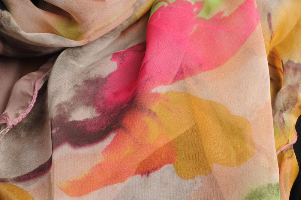 Liss Kiss Double Sided Beige With Pink Yellow & Green Flowers & Split Ends - Scarf