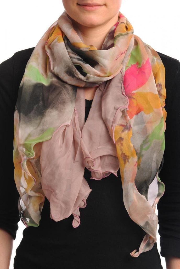 Liss Kiss Double Sided Beige With Pink Yellow & Green Flowers & Split Ends - Scarf