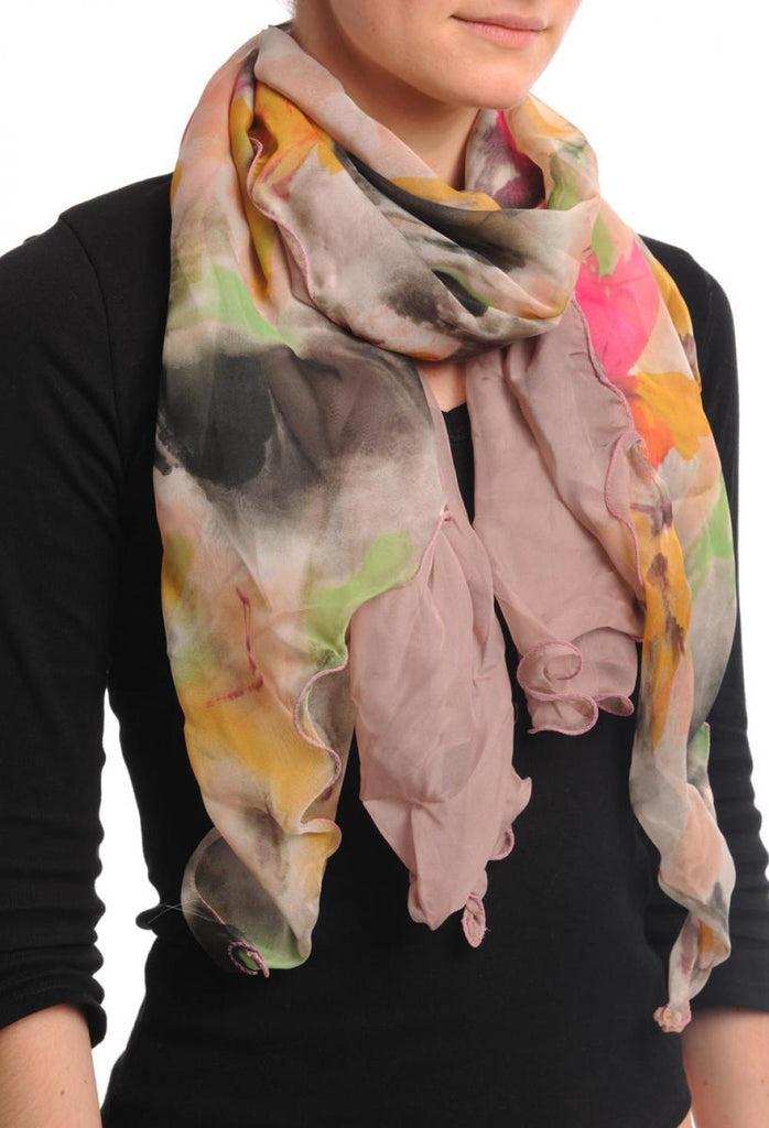 liss kiss Double Sided Beige With Pink Yellow & Green Flowers & Split Ends - Scarf