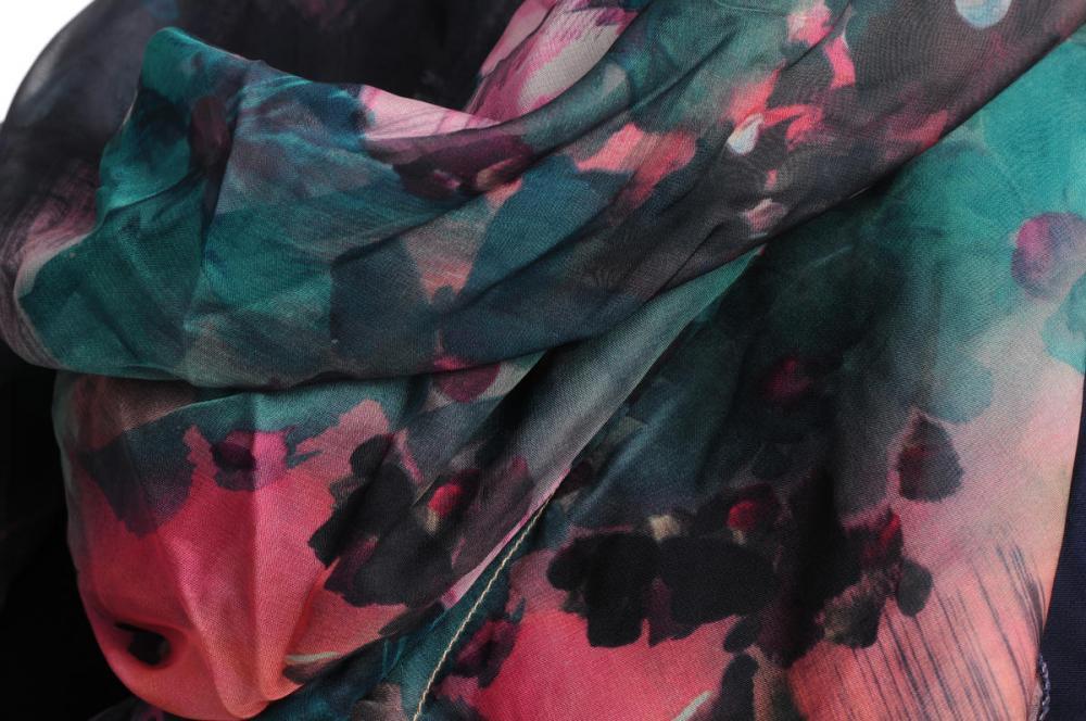 Liss Kiss Double Sided Navy Blue With Green & Pink Flowers & Split Ends - Scarf