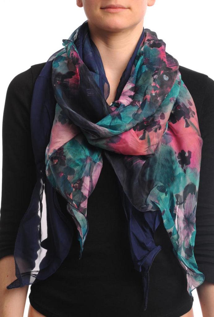 Liss Kiss Double Sided Navy Blue With Green & Pink Flowers & Split Ends - Scarf