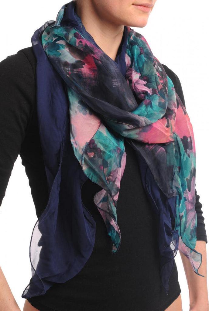 liss kiss Double Sided Navy Blue With Green & Pink Flowers & Split Ends - Scarf