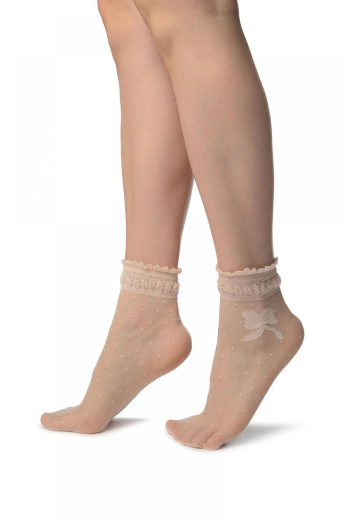 Liss Kiss Dust Pink With Dots & Bow Comfort Top Ankle High Socks - Socks