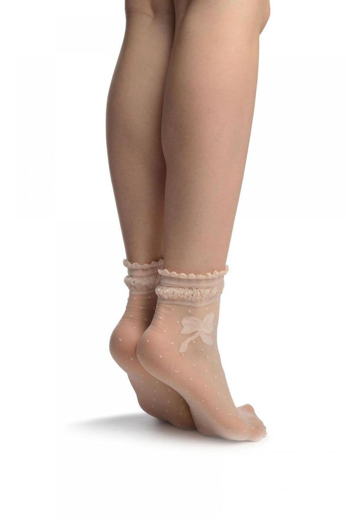 Liss Kiss Dust Pink With Dots & Bow Comfort Top Ankle High Socks - Socks