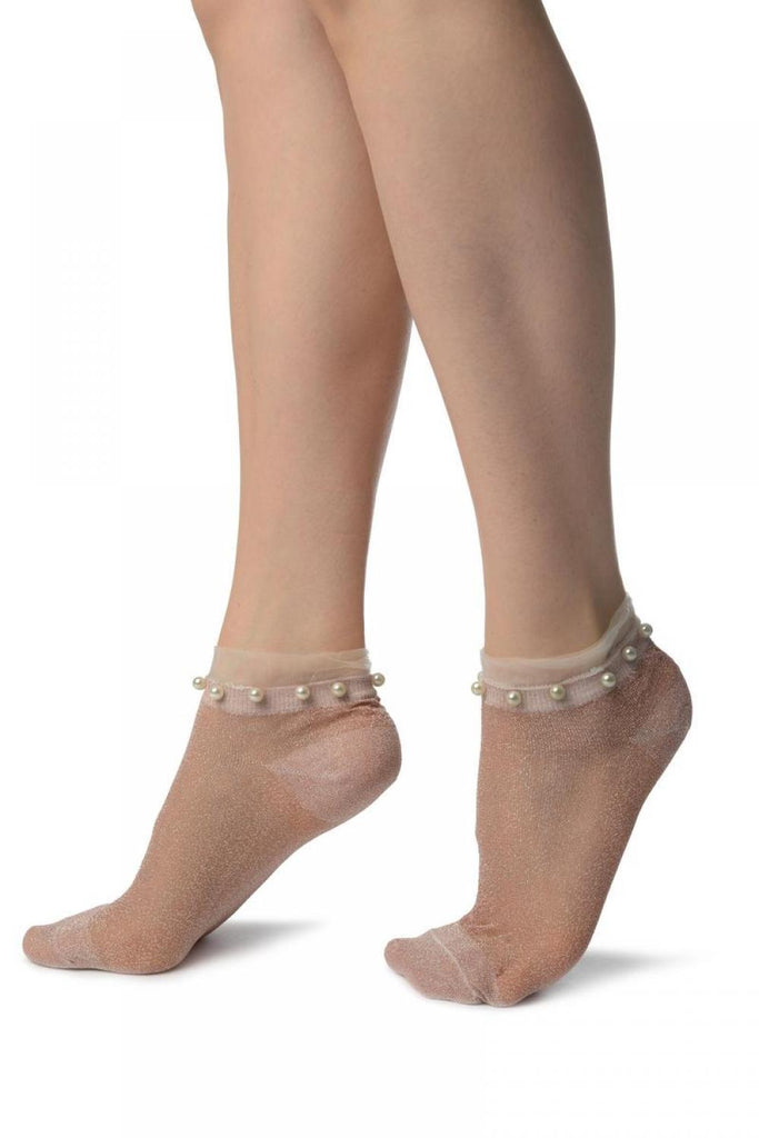 Liss Kiss Dust Pink With Lurex Pearls & Frills Top Footsies Socks - Footsies Socks