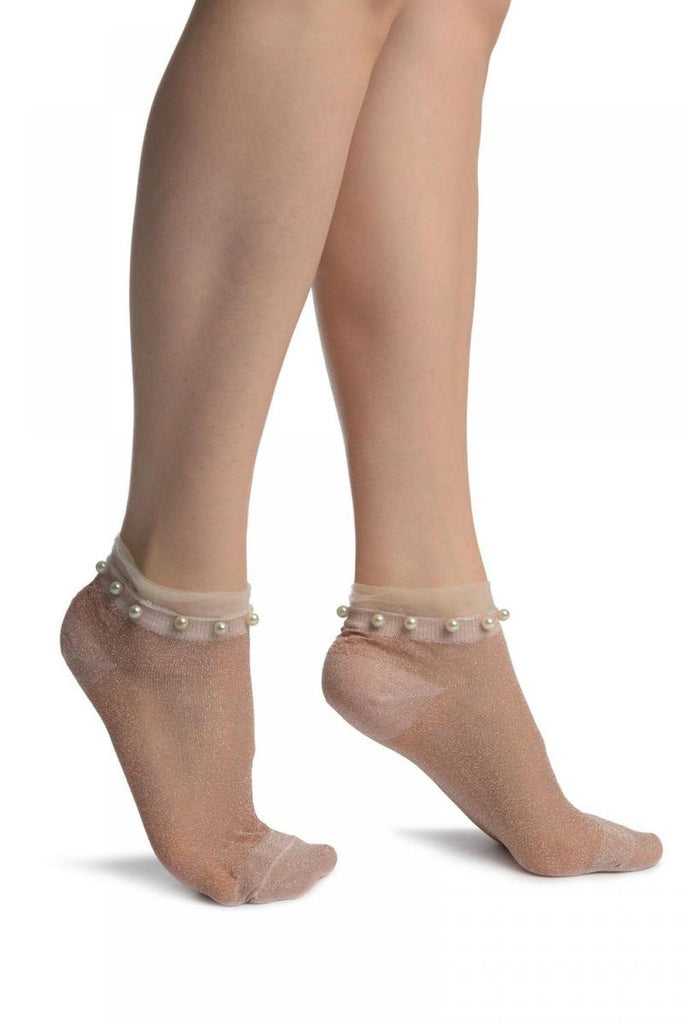 liss kiss Dust Pink With Lurex Pearls & Frills Top Footsies Socks - Footsies Socks