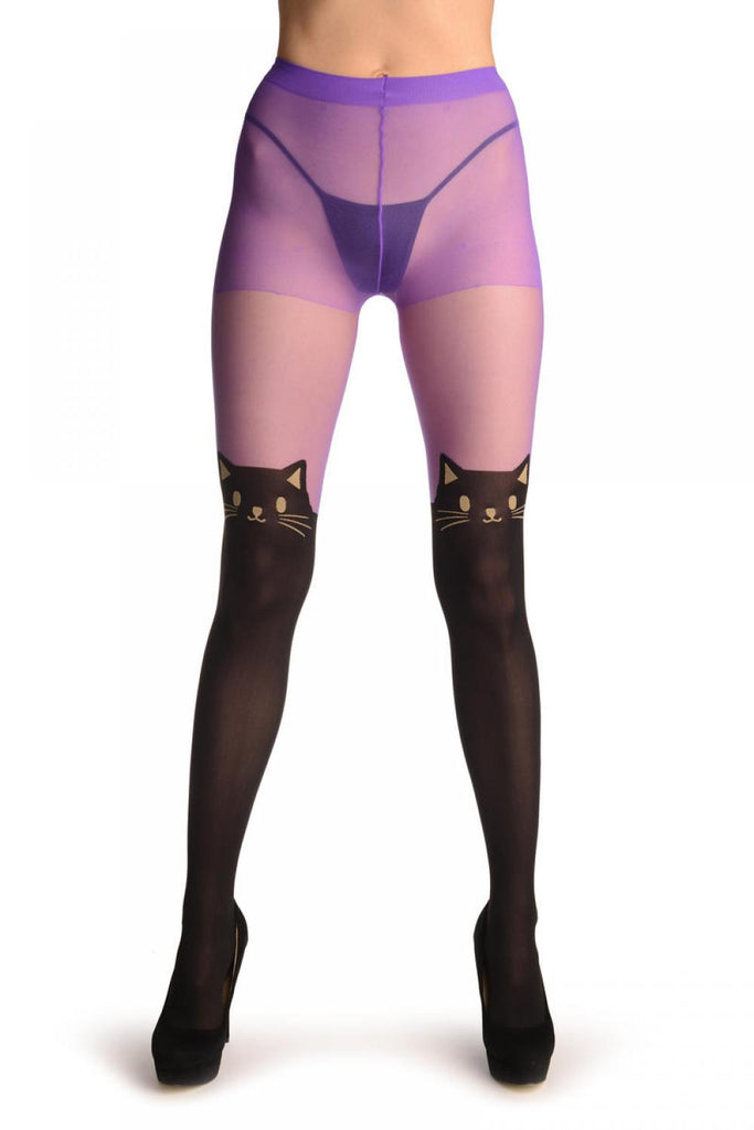 Liss Kiss Faux Black Cat Stockings With Purple Top - Tights