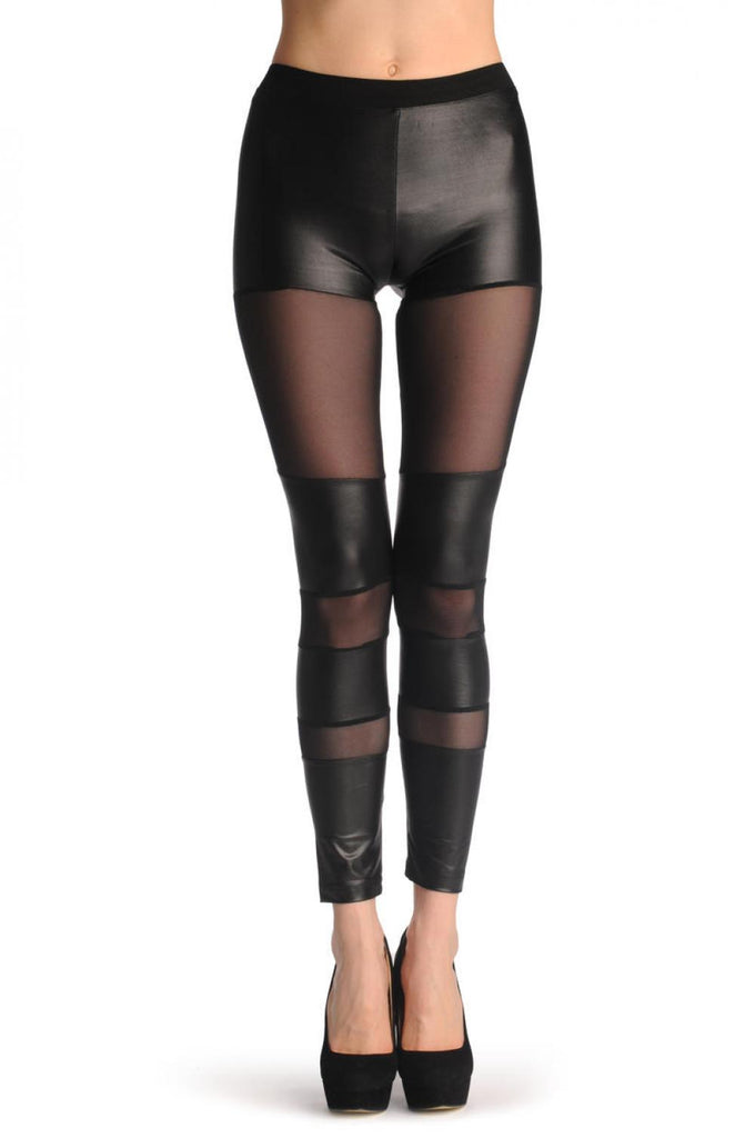 Liss Kiss Faux Leather With 3 Wide Mesh Stripes - Leggings