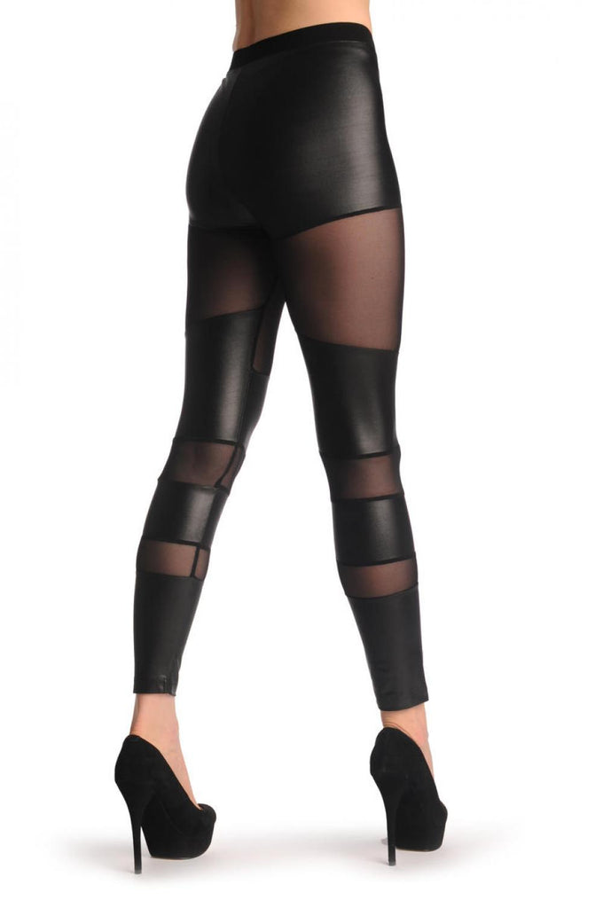 Liss Kiss Faux Leather With 3 Wide Mesh Stripes - Leggings