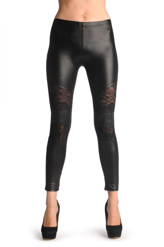 Liss Kiss Faux Leather With Two Lace Stripes - Leggings