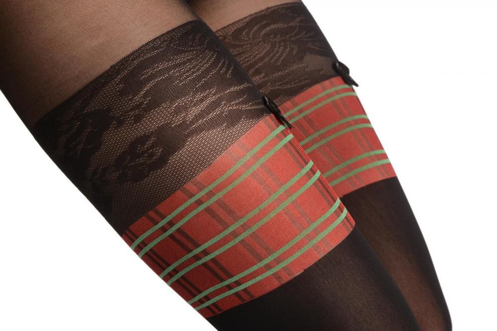 Liss Kiss Faux Stockings With Red Tartan Garter & Lace Top - Tights