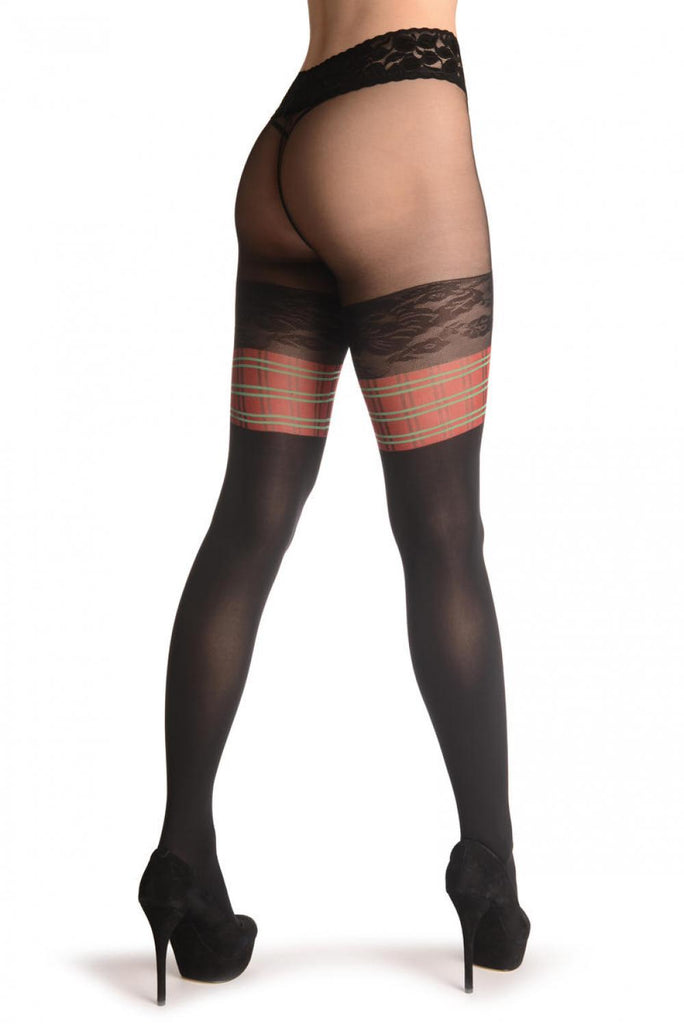 Liss Kiss Faux Stockings With Red Tartan Garter & Lace Top - Tights